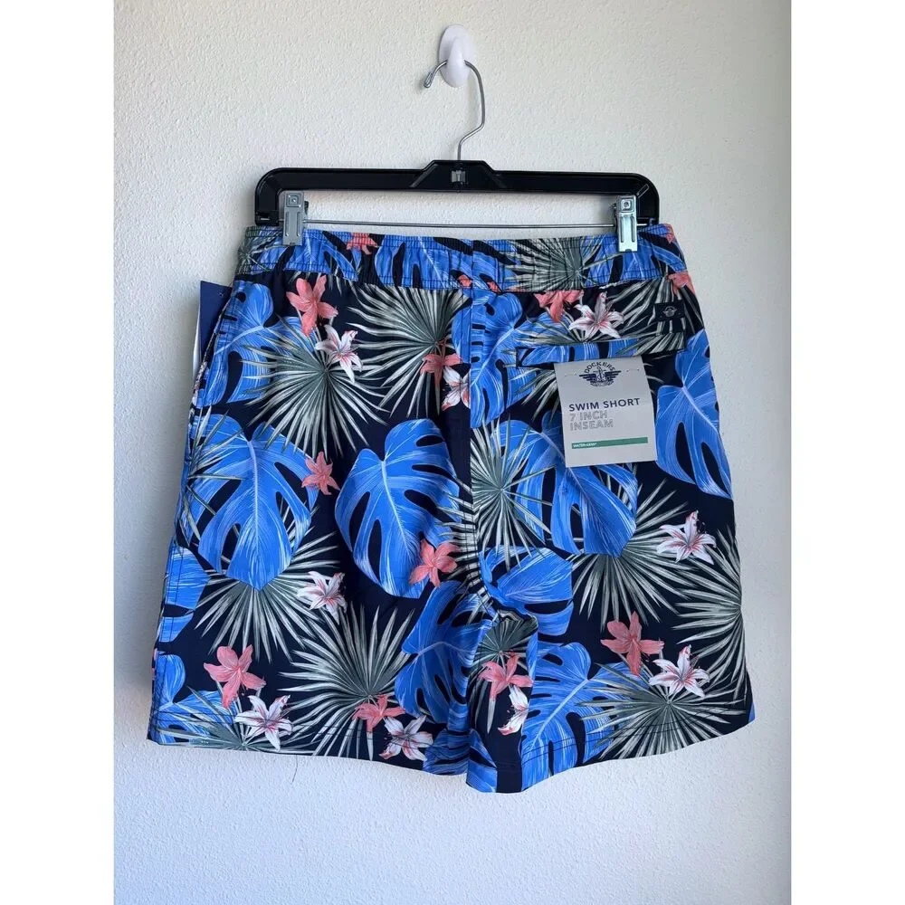 NWT DOCKERS Blue Floral Tropical Leaf Swim Trunks 7